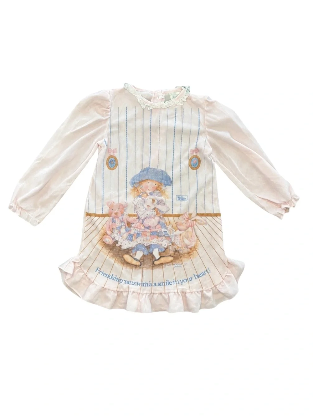 VTG 89 Holly Hobbie Girls Nightgown Size L Pink Puff Sleeve Ruffle 80s made USA